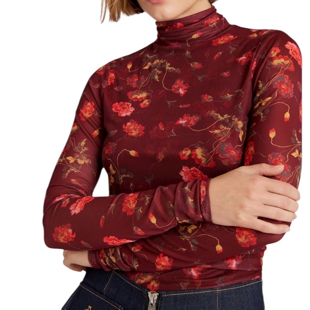 Cinq à Sept Falling Poppies Shirred Mesh Turtleneck | Floral Sheer | XS - Picture 1 of 13